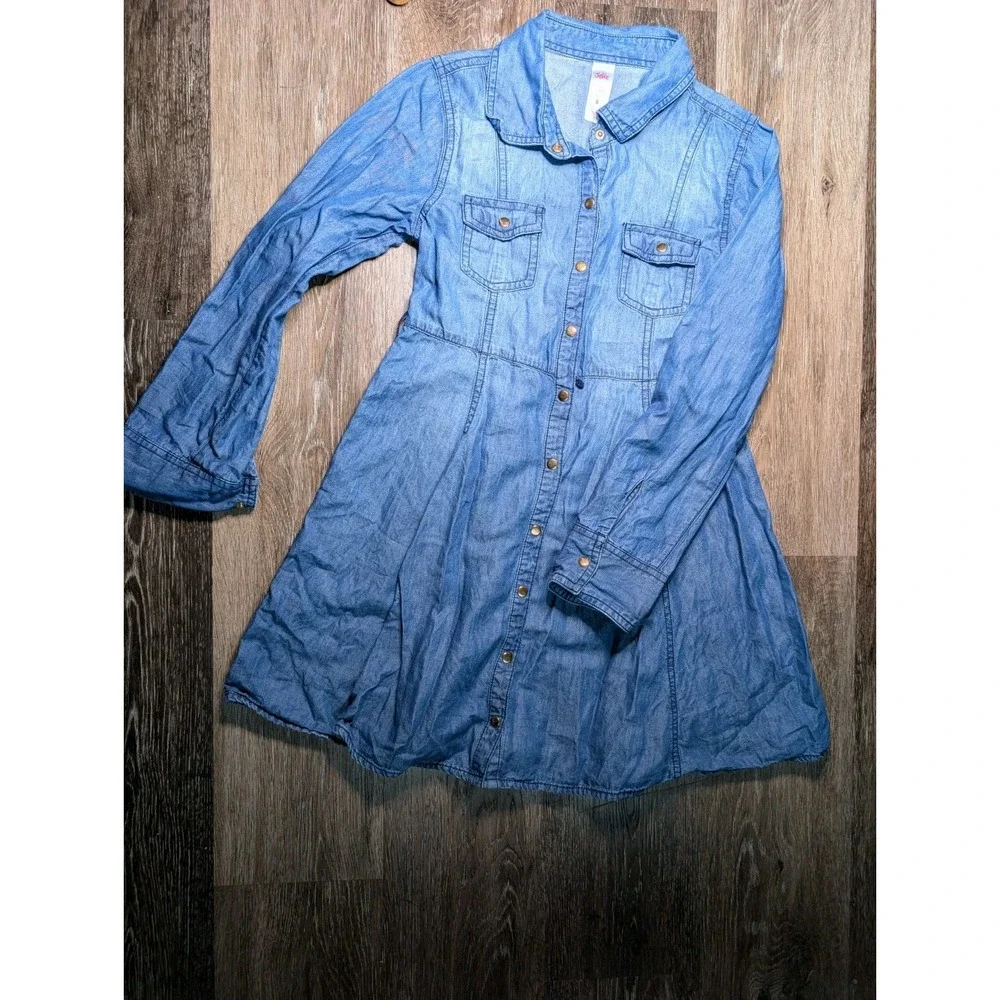 JUSTICE Denim Shirt Dress W/collar Snap Down Front Long Sleeve No Belt  Sz 8